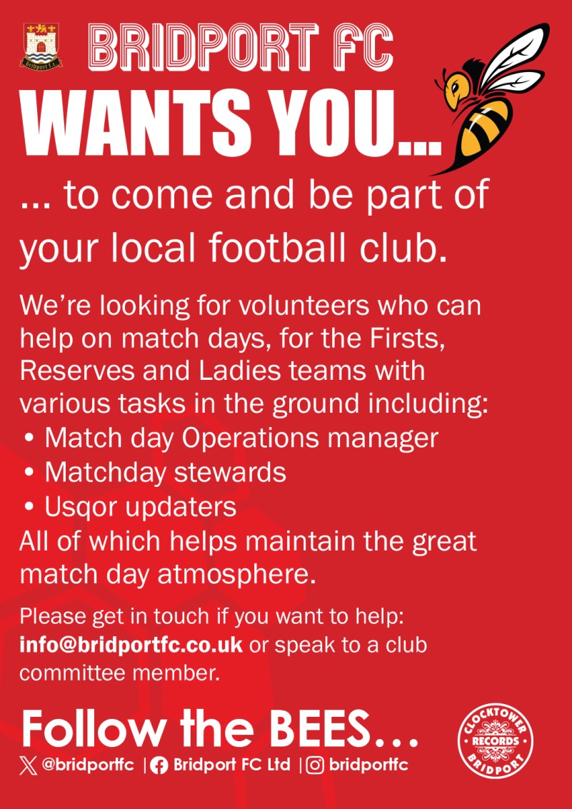 Bridport FC are seeking volunteers to help on matchdays