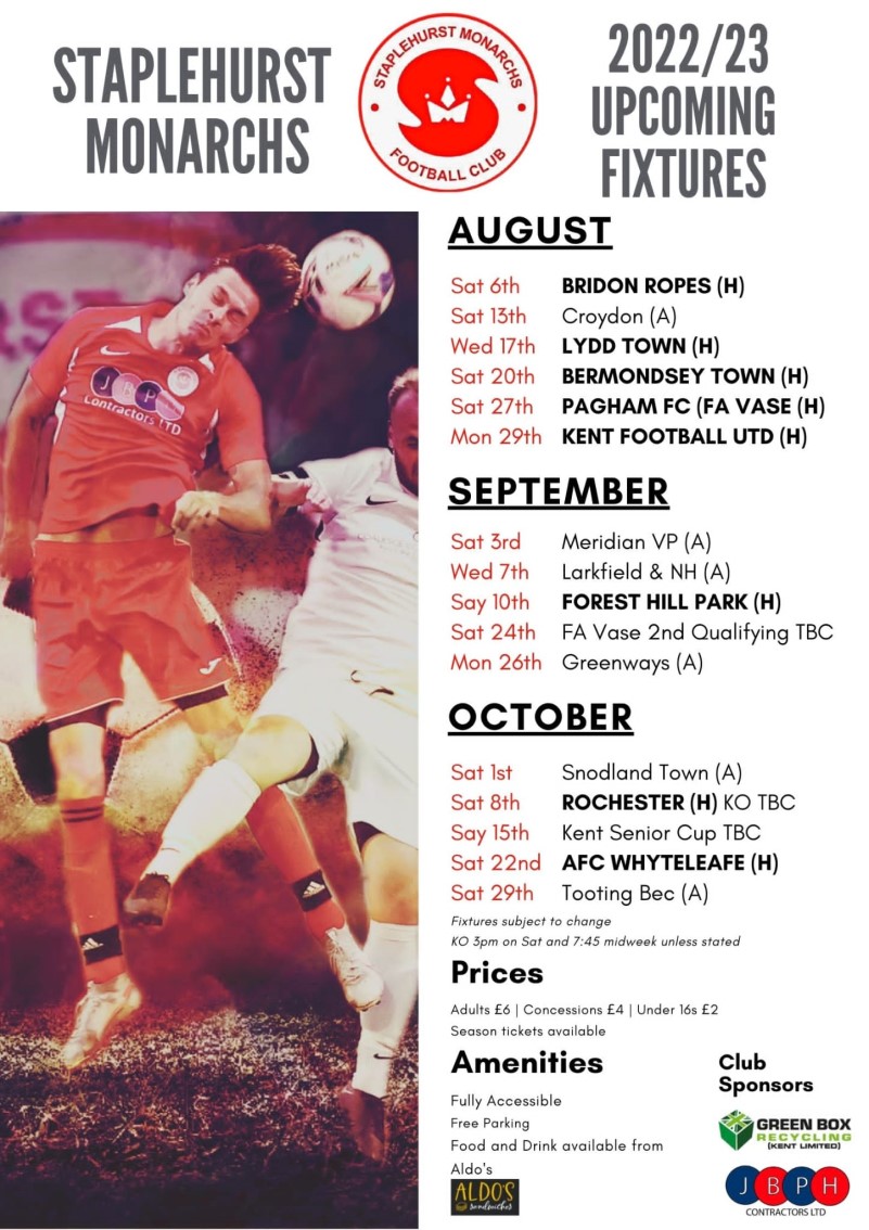 Staplehurst Monarchs, First Team Fixtures Aug Oct