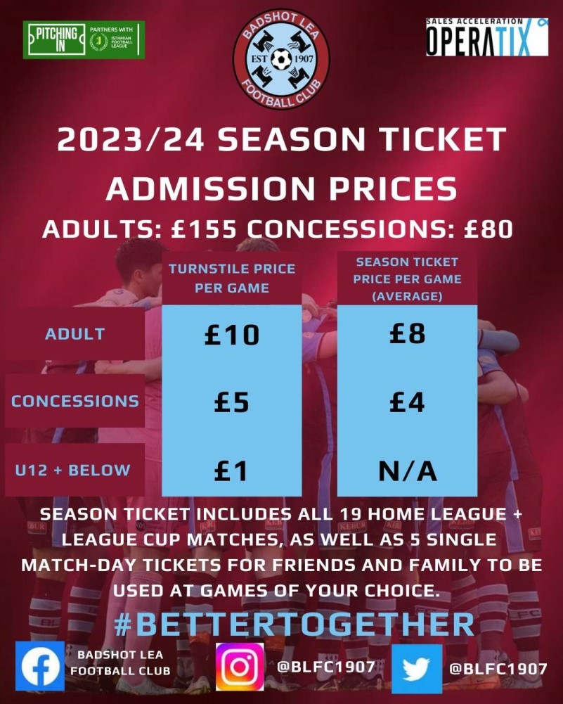 Badshot Lea Football Club, SEASON TICKET AND ADMISSION PRICES FOR 2023/24