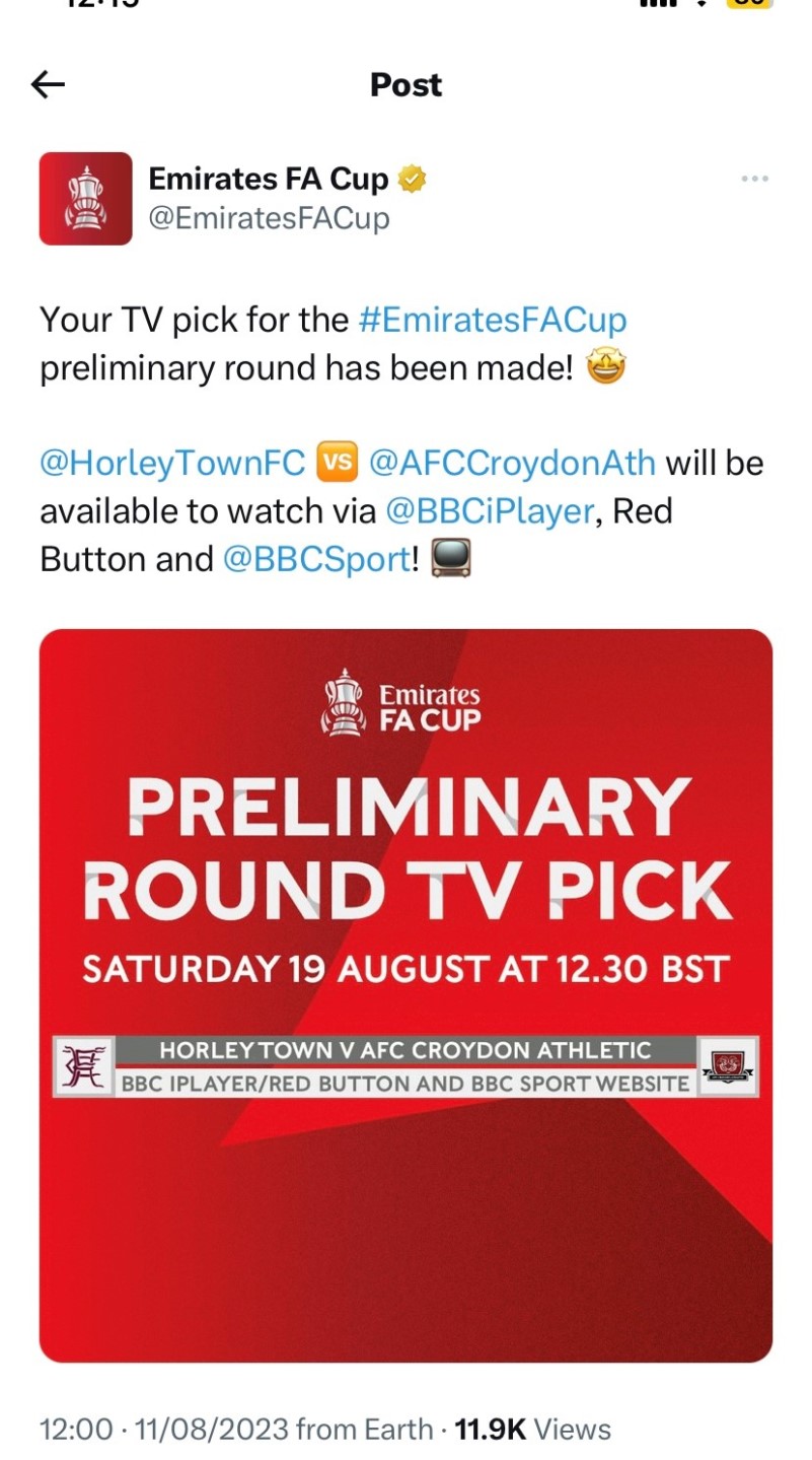 AFC Croydon Athletic, FA Cup Rams will be on TV!
