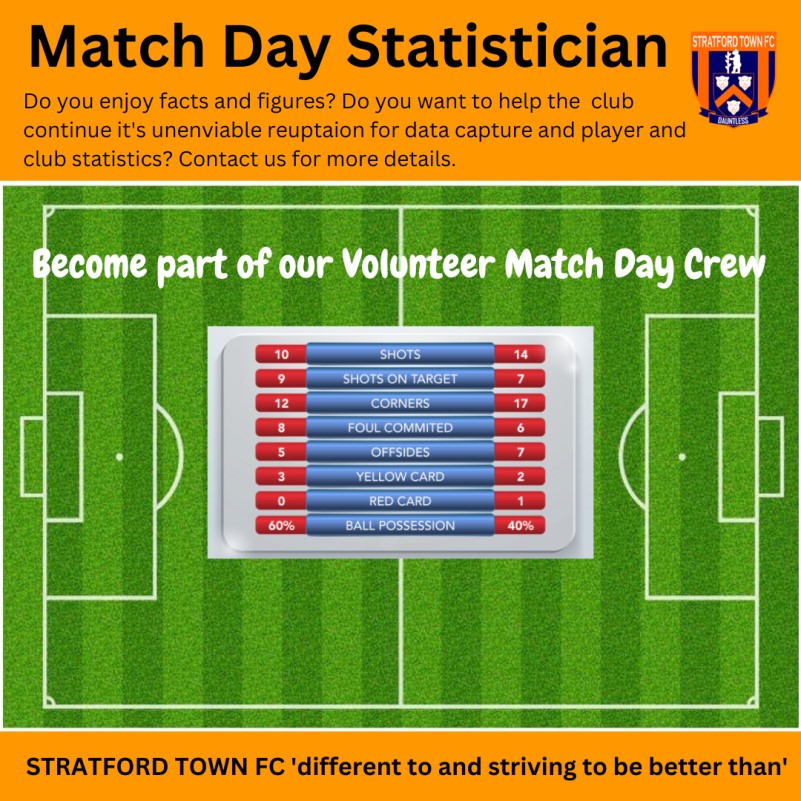 Stratford Town Football Club, Volunteer Match Day Statistician Needed